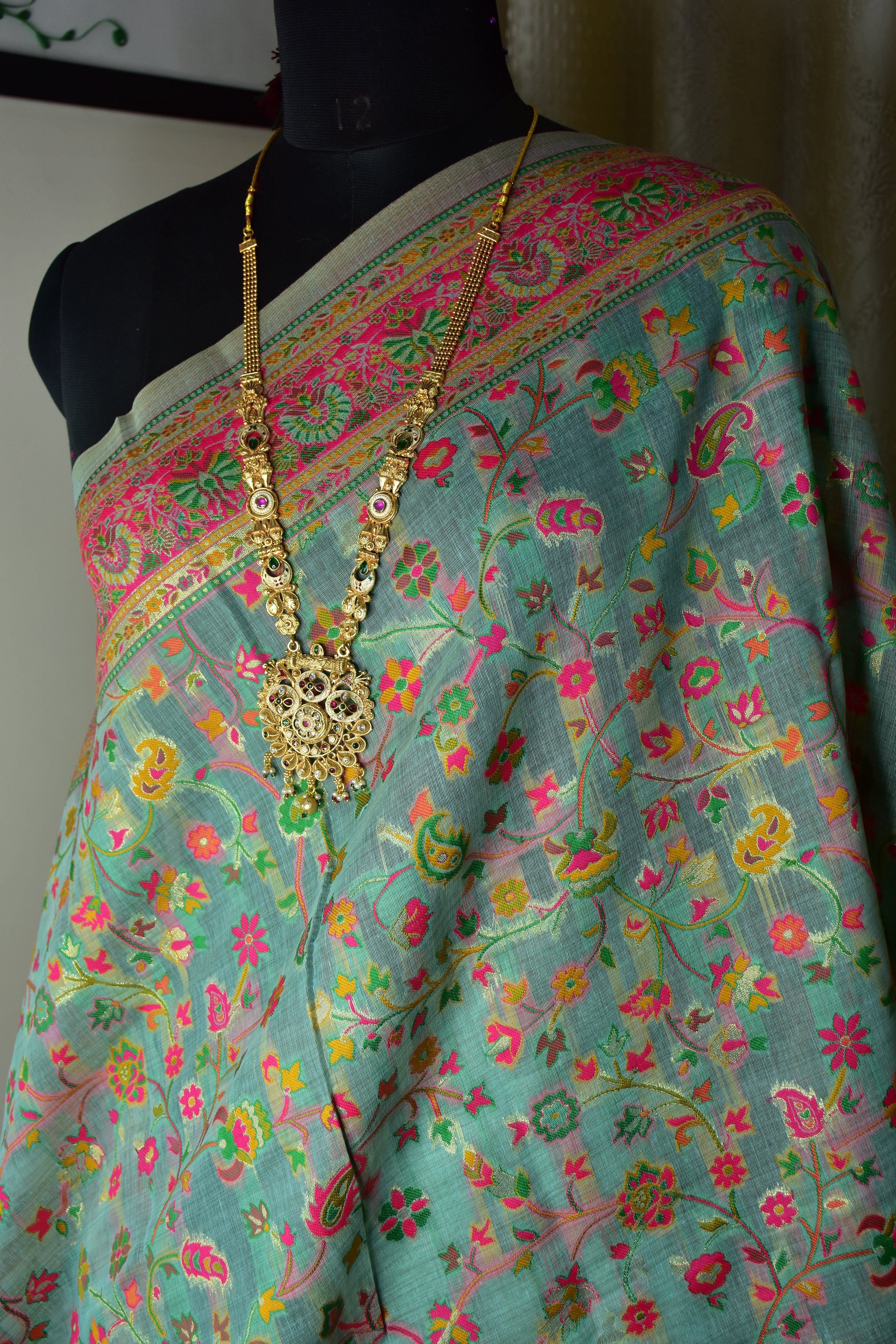 Pastel Teal Blue Pashmina Banarasi Saree