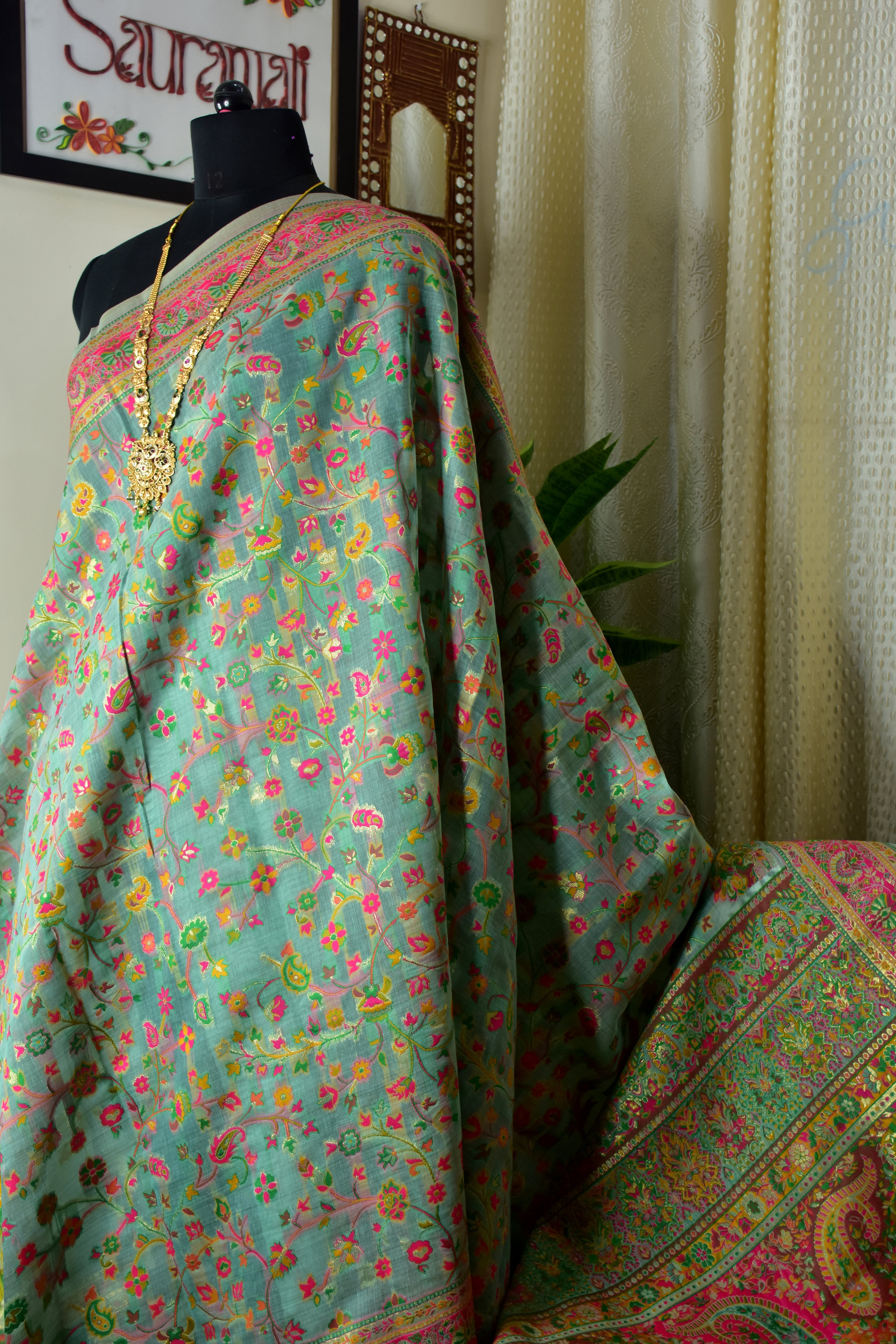 Pastel Teal Blue Pashmina Banarasi Saree