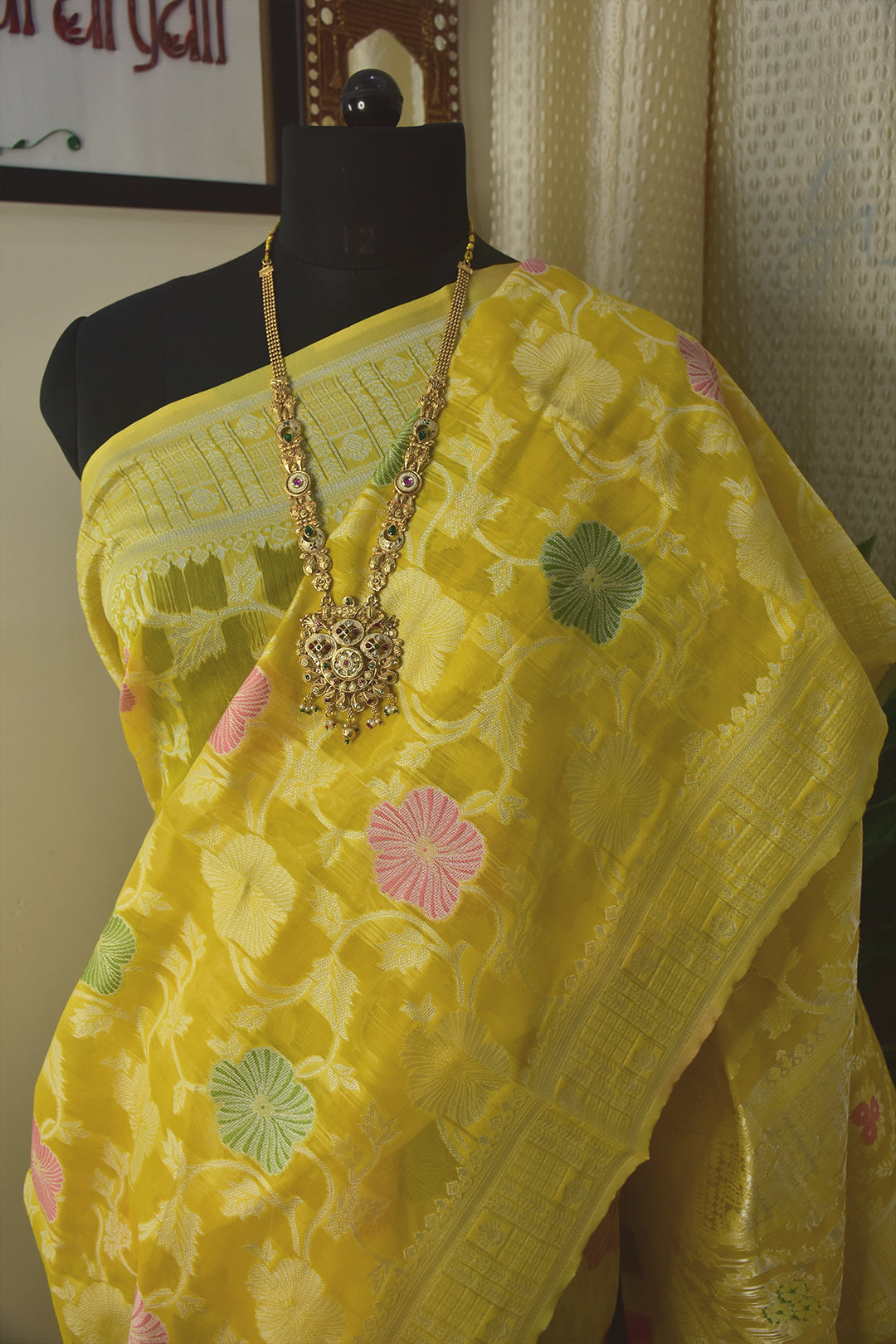 cotton lemon yellow banarasi saree