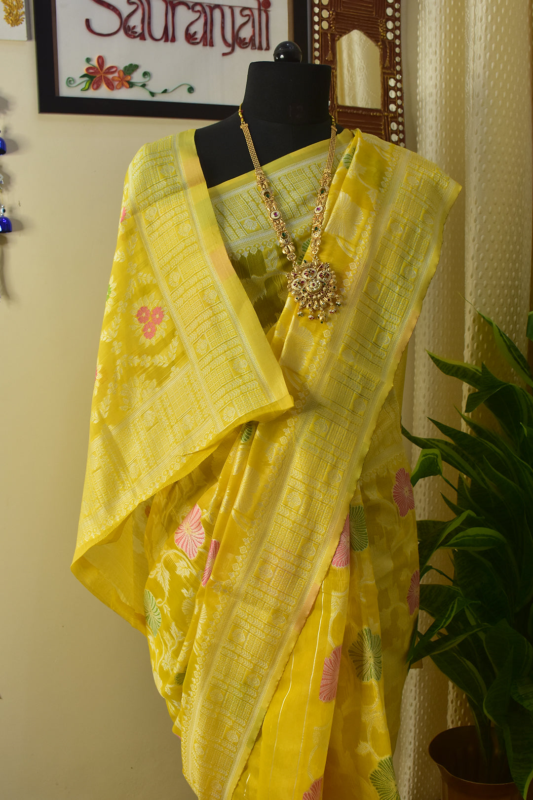 cotton lemon yellow banarasi saree