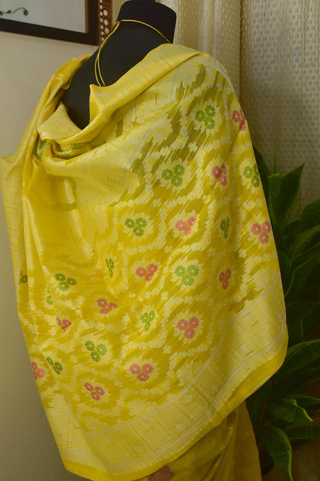 cotton lemon yellow banarasi saree
