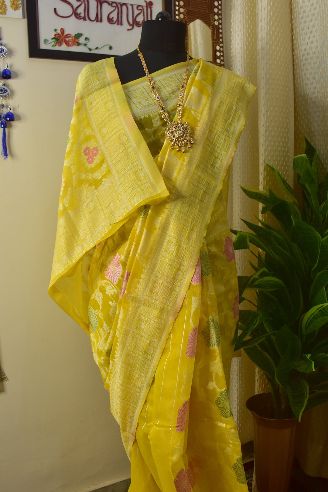 cotton lemon yellow banarasi saree